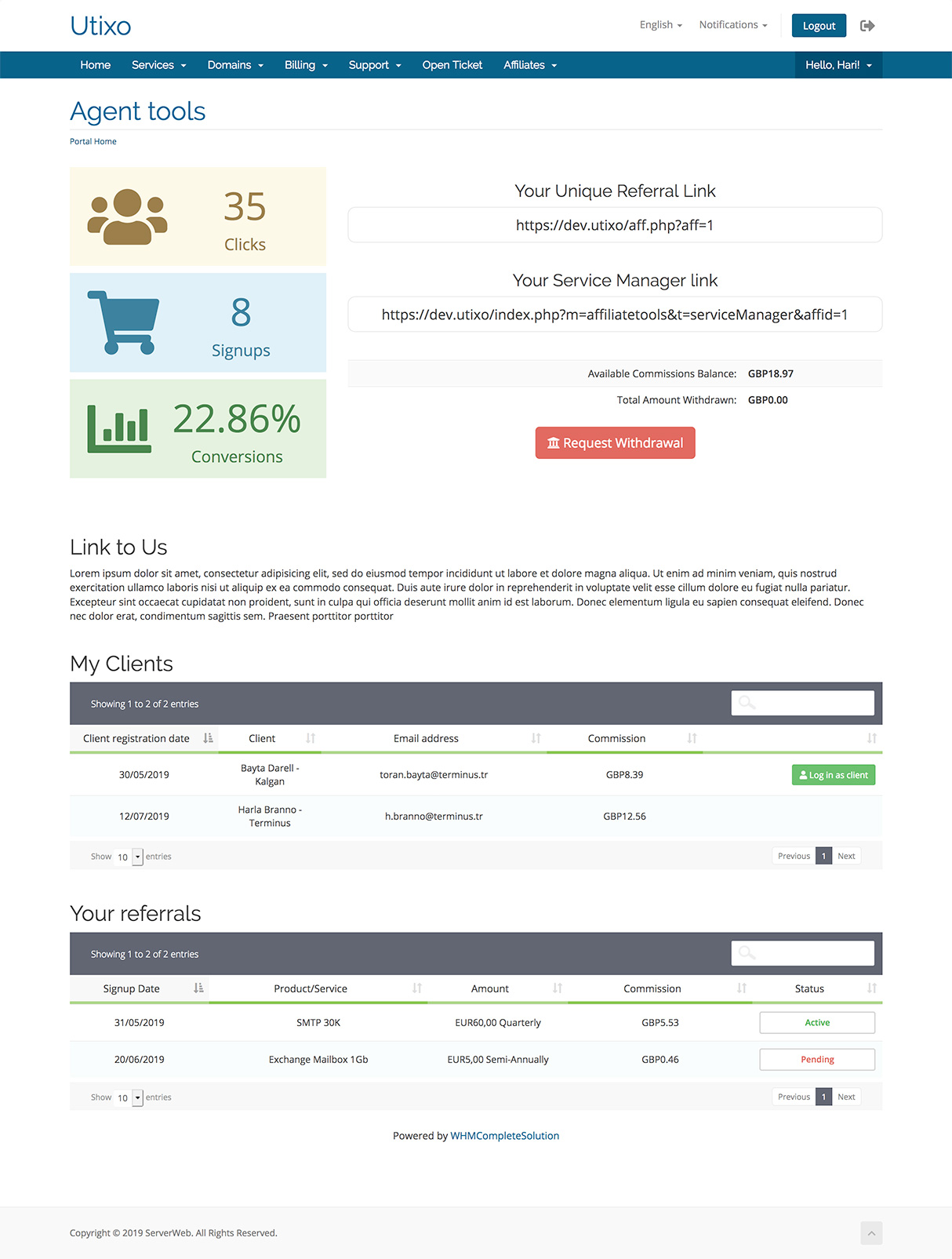 Affiliate dashboard