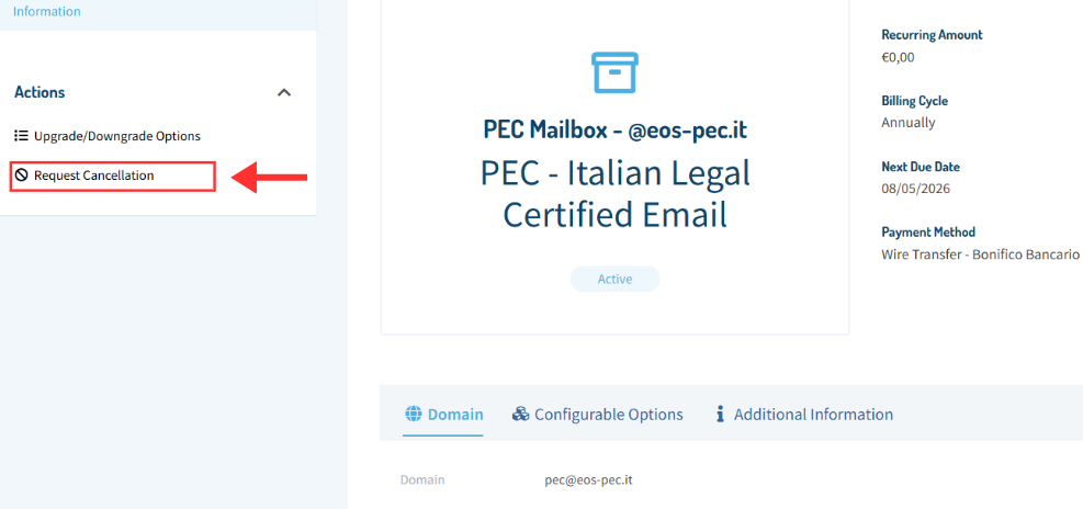 PEC control panel screen showing active mailbox summary