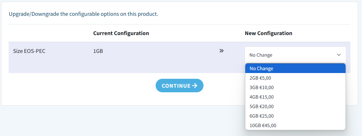 Dropdown menu to select the new PEC mailbox size