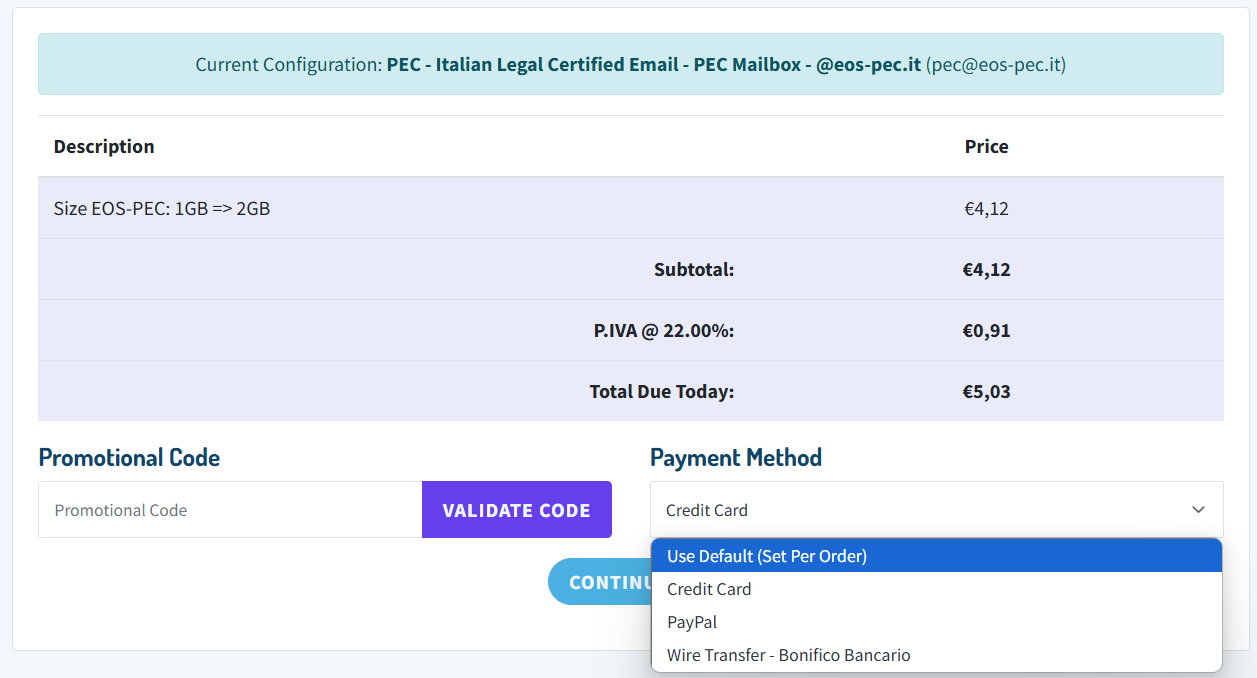 Payment method selection screen for PEC upgrade