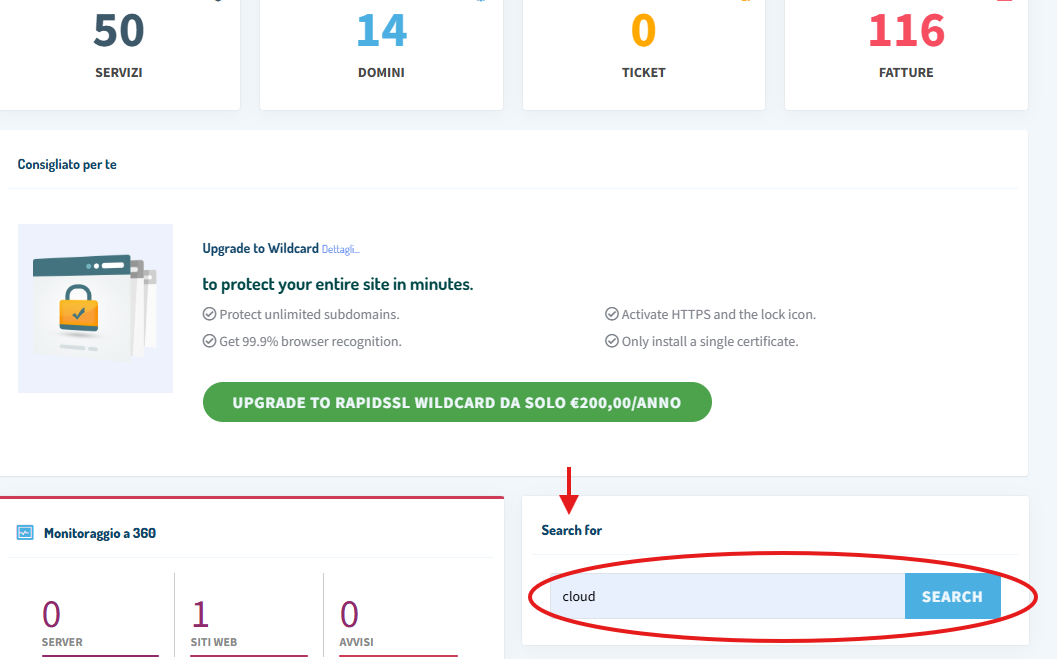 Searching for Cloud services in the shop.serverweb.net portal