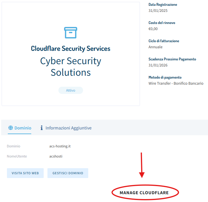 Manage Cloudflare button to access service management