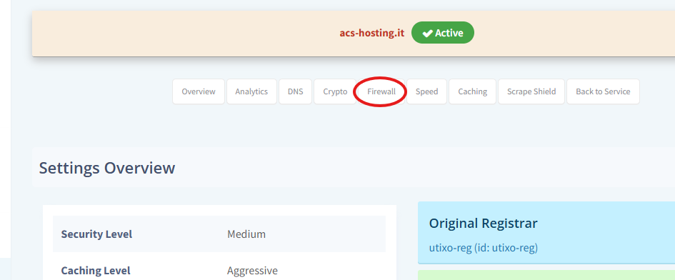 Firewall menu in the Cloudflare interface