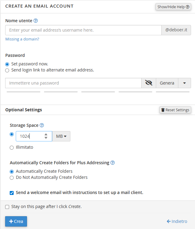 Creazione email in cPanel