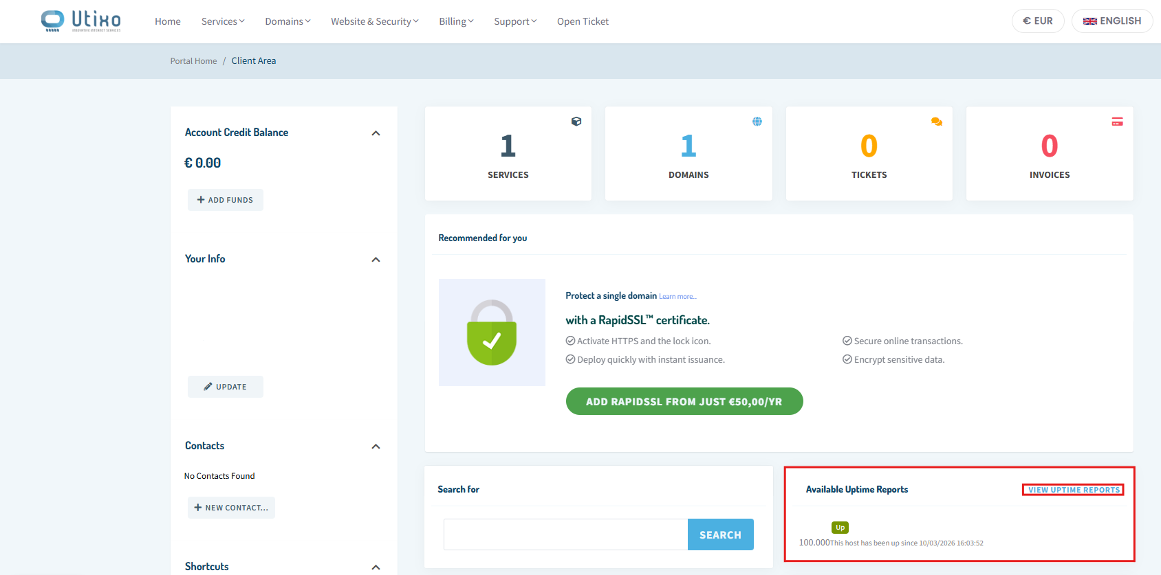 Available Uptime Reports section in the client area