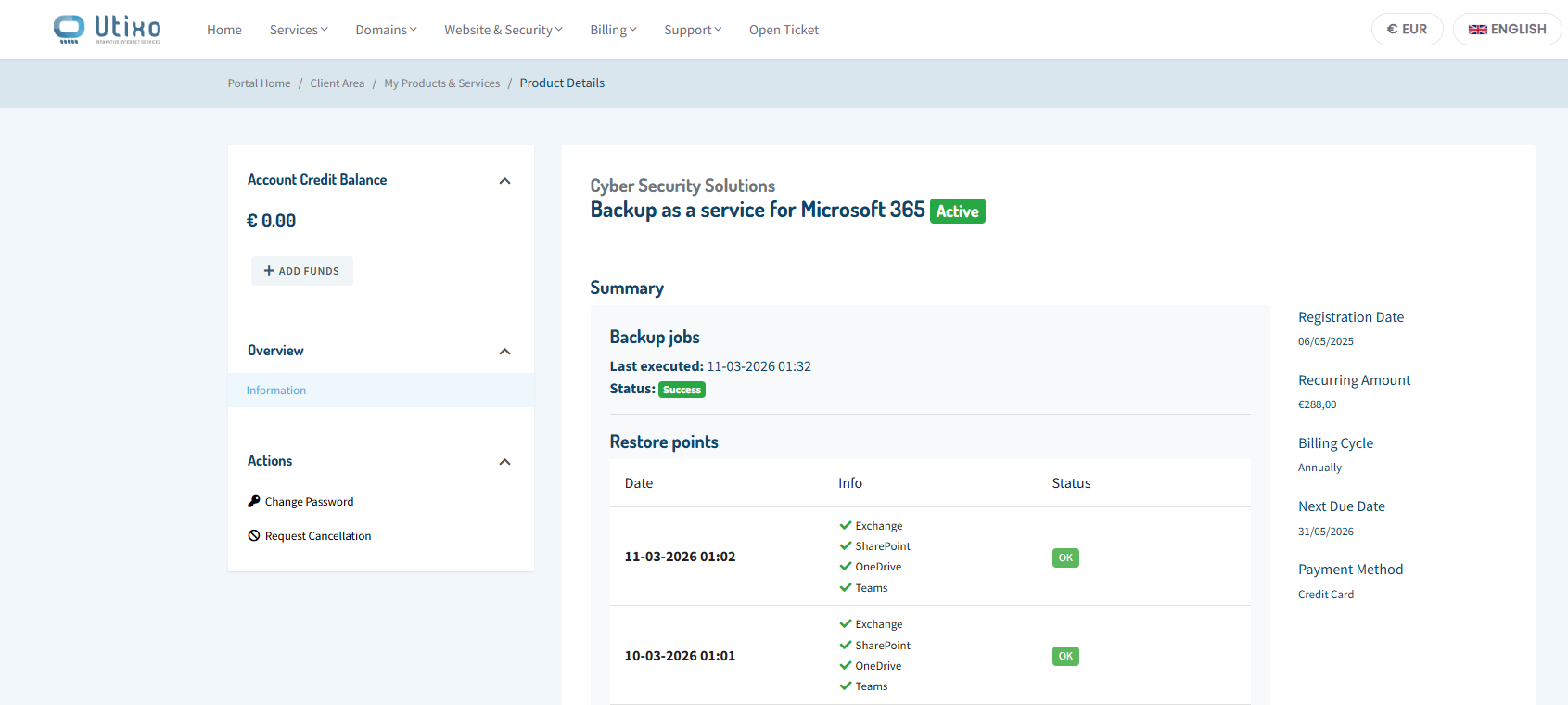 Backup as a Service summary screen