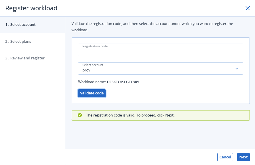 Account validation and registration code verification