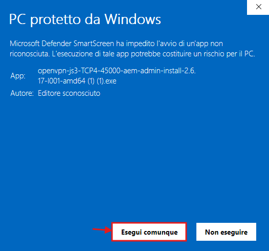 Run anyway option to continue the OpenVPN Connect installation