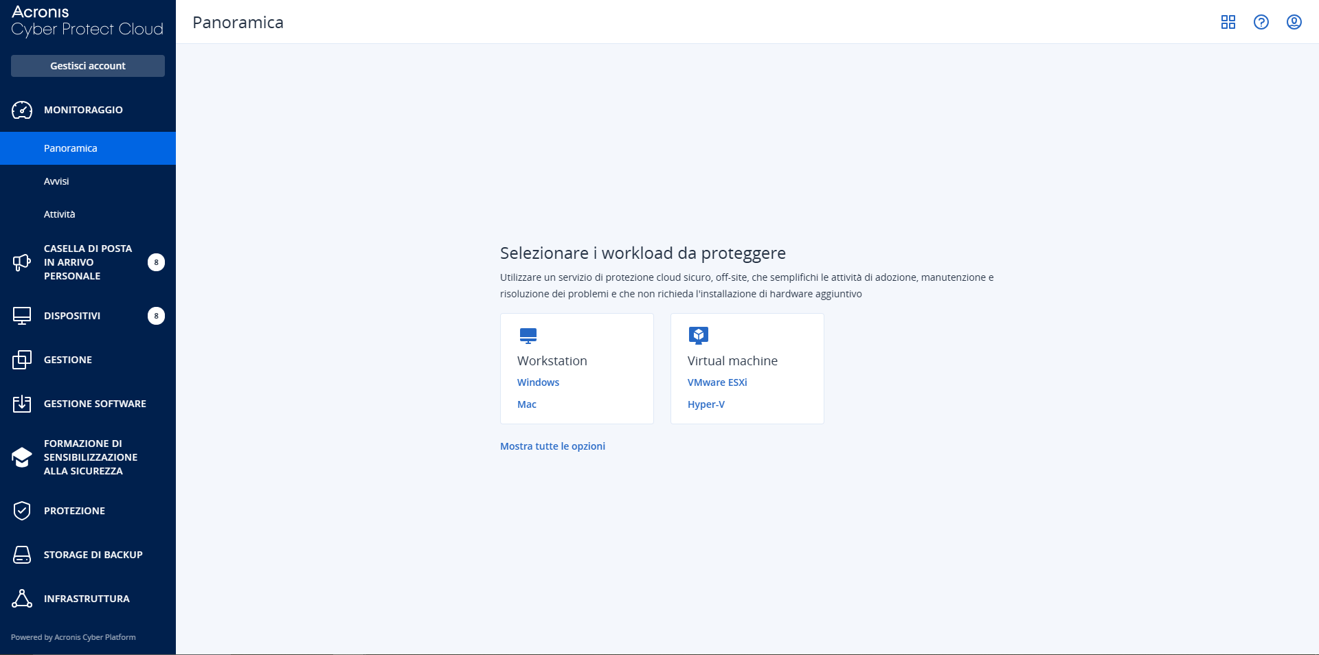 Console Acronis Cyber Protect Cloud - selezione workload da proteggere