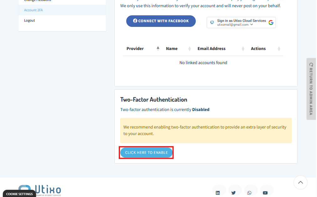 Enabling two-factor authentication in Shop Utixo