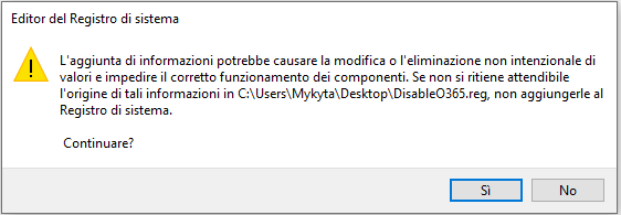 Registry confirmation dialog